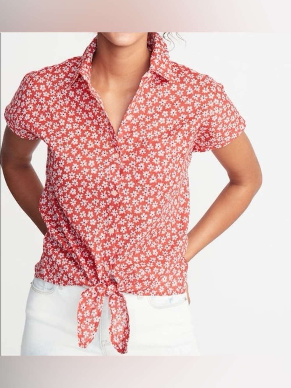 Cottagecore Daisy Floral Tie Front Linen Blend Button Up Top S